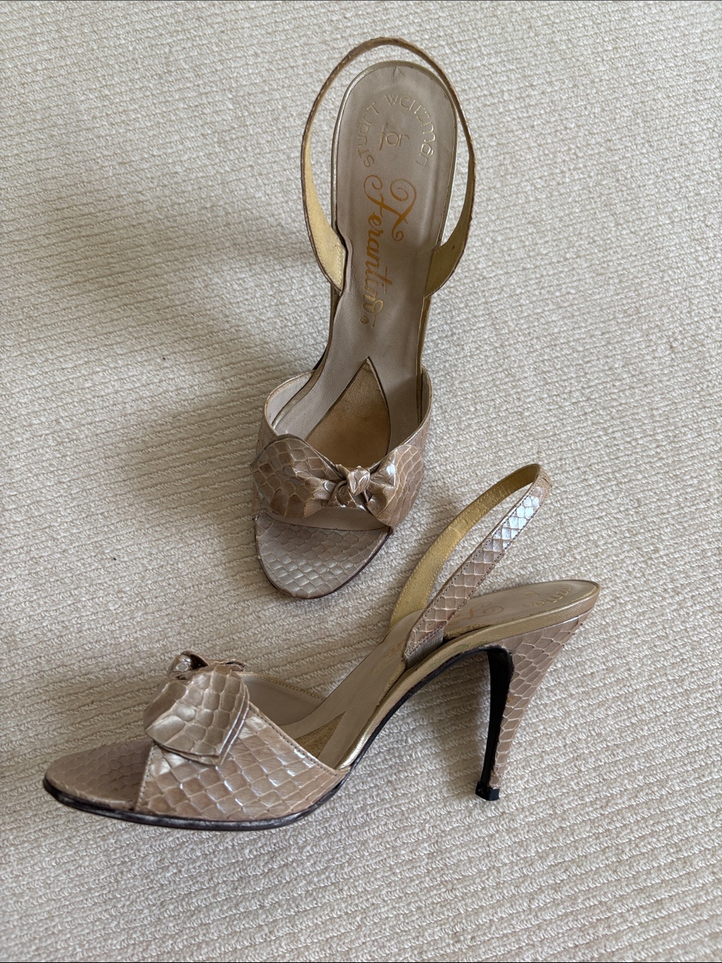 Stuart Weitzman Metallic Taupe Snake-Embossed Slingback Heels